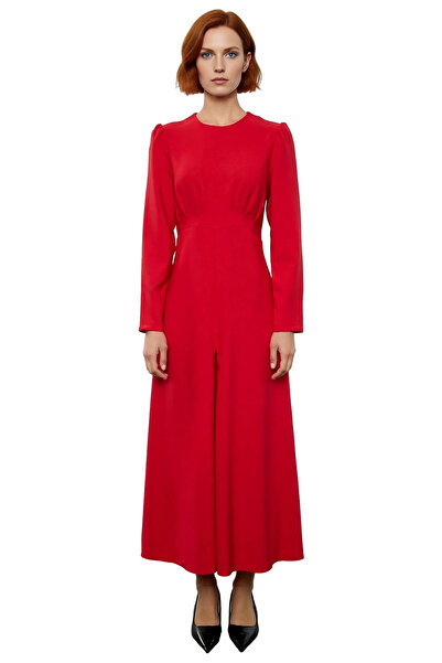 PayBuy Women's Red Woven Skater Dress Long Sleeve Crew Neck Maxi Length Ideal for Casual Stylish Wear