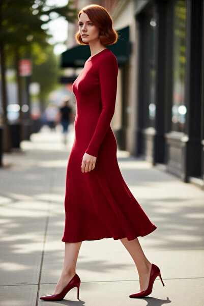 PayBuy Ακρυλικό πλεκτό φόρεμα μίντι για γυναίκες με λαιμόκοψη με μακρύ μανίκι...