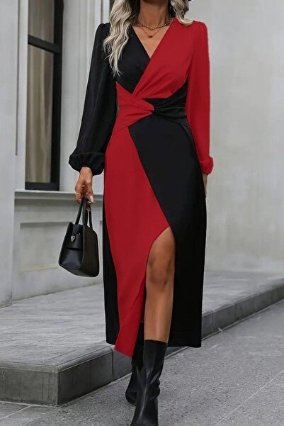 Mossta Double-Breasted Collar Waist Detailed Midi Imported Crepe Dress - Red