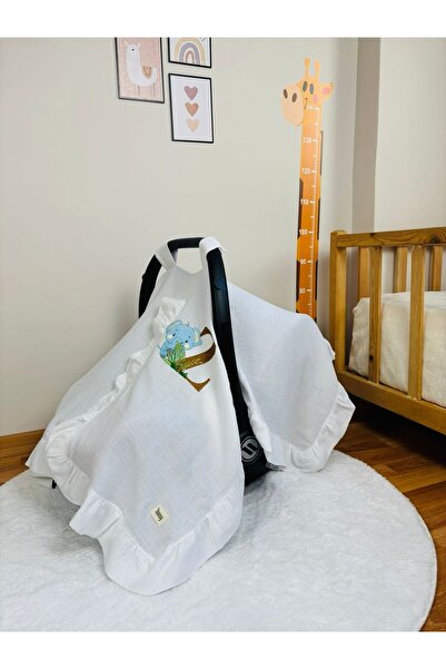 NOİSY TEKSTİL Kişiye Özel Nakışlı Figür Harfli Fırfırlı 2 Kat Beyaz Müslin Puset Örtüsü %100 Pamuk