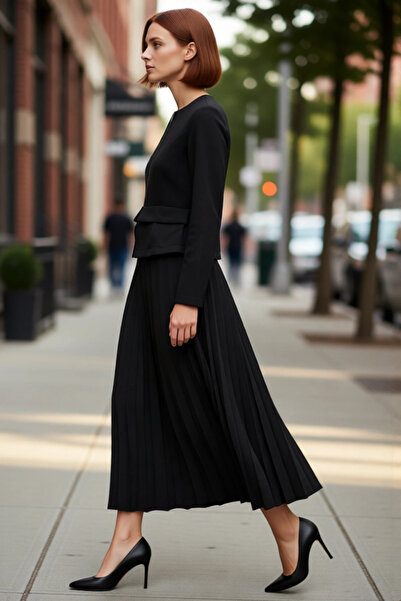 PayBuy Black Maxi Pleated Zipper Detailed Woven Dress for Women Offers Business and Office Elegance Quality