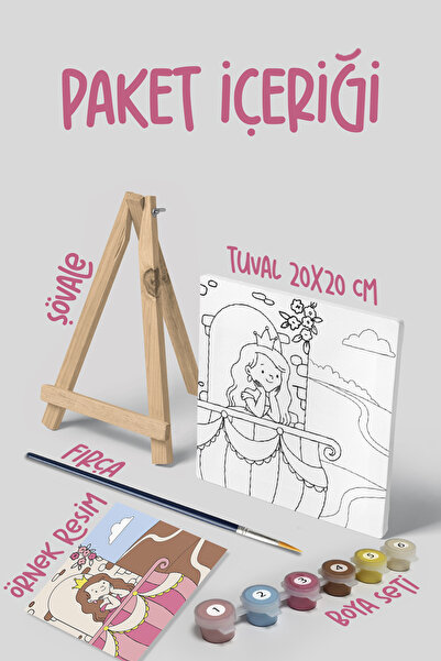 Mind & Play Prenses Temalı Çocuk Şövale Tuval Boyama Seti | Ahşap Şövale+Tuval+6 Renk Akrilik Boya+Fırça