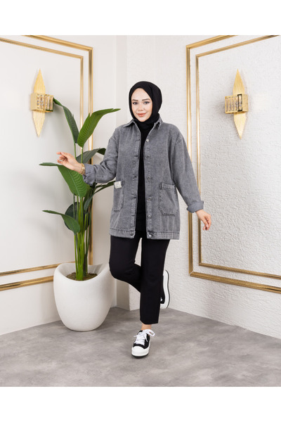 Hb Harma Time Butik Women's Buttoned Dark Gray Denim Jacket with Pockets