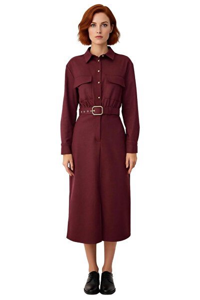 PayBuy Kadın A Line Kesim Midi Boy Kemerli Gömlek Yaka Düz Dokuma Elbise Şık Ve Modern Stil Sunar