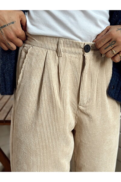 manch collection Pileli Baggy Kadife Pantolon krem