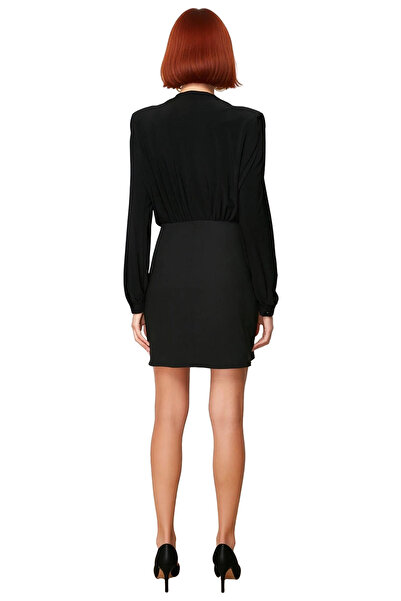 PayBuy Women's Bodycon Shoulder Pad in Mock Neck Long Balloon Sleeve Button Detailed Woven Mini Dress Stylish Winter