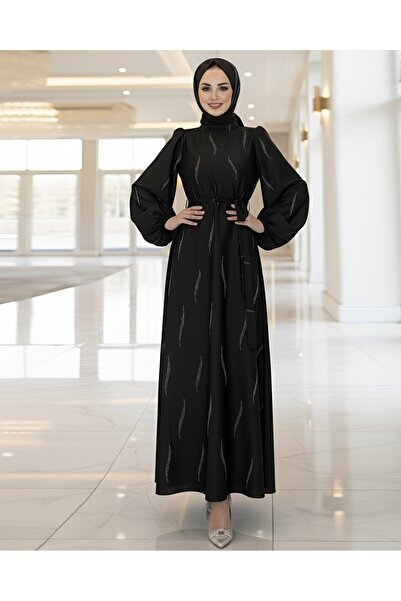 Modamorfo Φόρεμα σιφόν με μοτίβο πέτρας και ζώνη - Μαύρο