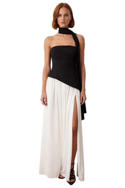 PayBuy Rochie de seară maxi skater, fără bretele, cu detaliu de eșarfă, alb-negru, pentru femei, eleganță de vară