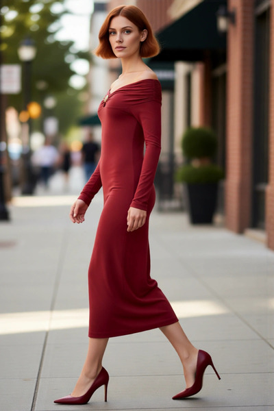 PayBuy Γυναικείο φόρεμα Bodycon Maxi σε χρώμα τούβλου με λεπτομέρεια αξεσουάρ...