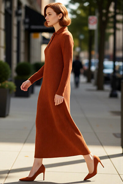 PayBuy Rochie maxi tricotată în linie A pentru femei, cu guler polo, cu mânec...