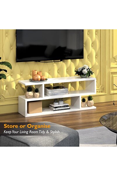 RADIOTRONICS Wooden S-Shaped TV Console Stand (White, 30D x 110W x 45H cm)