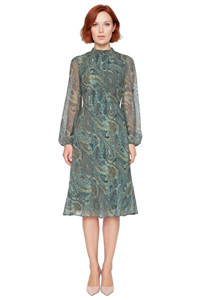 PayBuy Kadın Şal Desenli Astarlı Volanlı Şifon Midi Elbise Dik Yaka Uzun Balon Kollu A Kesim Kaliteli