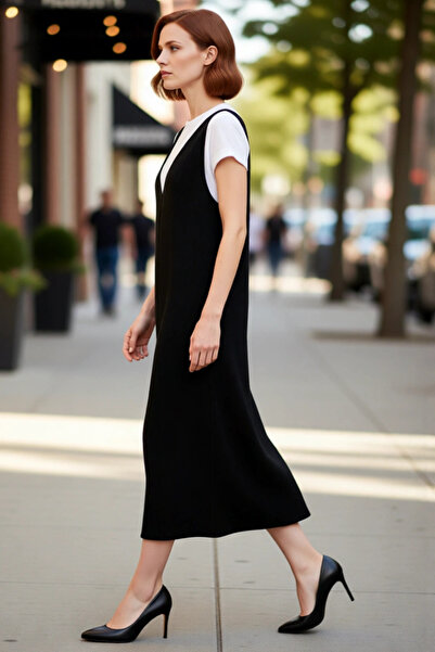 PayBuy Kadın Gri Jile Triko Elbise Midi Boy V Yaka Kolsuz Rahat Kesim İlkbaha...