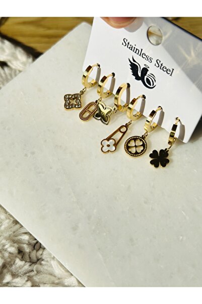 stainles steel Çelik Gold Renk Çoklu Figür Model Kadın Küpe Seti