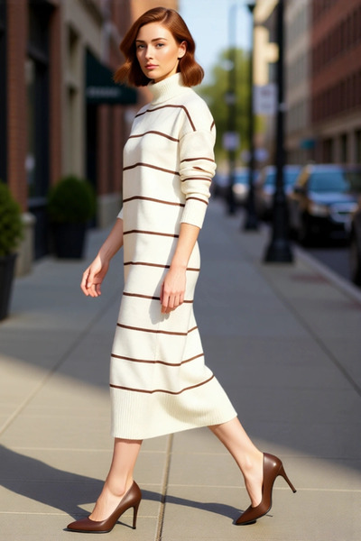 PayBuy فستان نسائي تريكو بياقة عالية وخطوط مخططة وأكمام طويلة، ضروري لفصل الشتاء، ذو جودة عالية