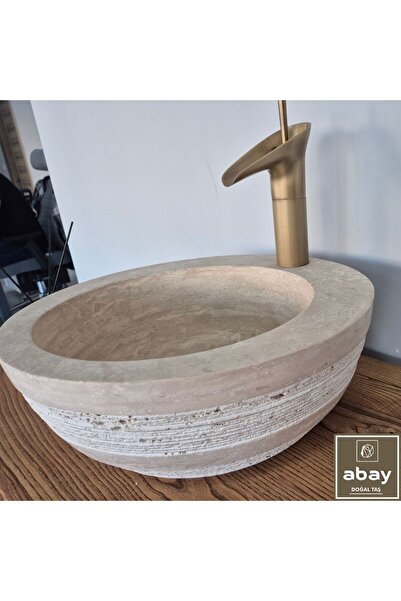 Abay Doğal Taş Traverten Taramalı Tasarım Çanak Lavabo -Batarya Çıkışlı