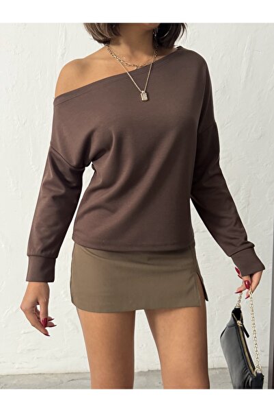 Look Forward Γυναικεία μπλούζα με μακρύ μανίκι από ύφασμα καφέ interlock