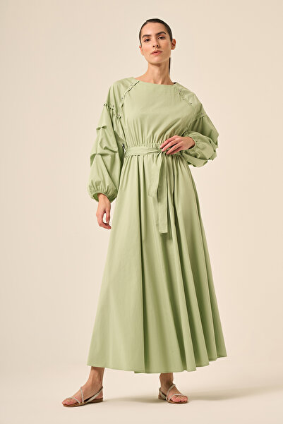 Ceremony Paper Touch Dress with Folded Sleeves, Drawstring Detail, Elastic Waist 5747 Apple Green