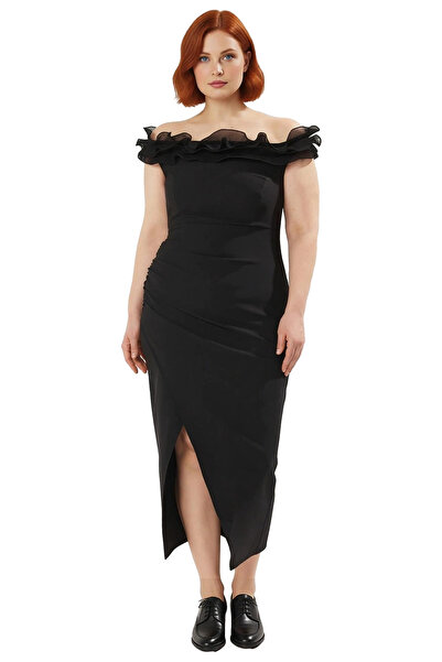 PayBuy Kadın Büyük Beden A line Kesim Düz Desen Kolsuz Fırfırlı Carmen Yaka Maxi Elbise Şık Davetler İçin