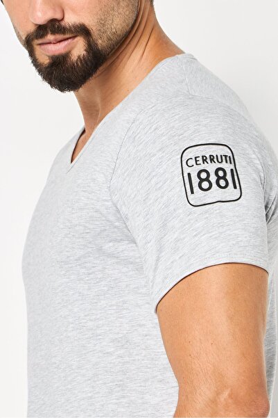 Cerruti 1881 Men V-Neck Short Sleeve Brand Logo T-Shirt, Light Grey
