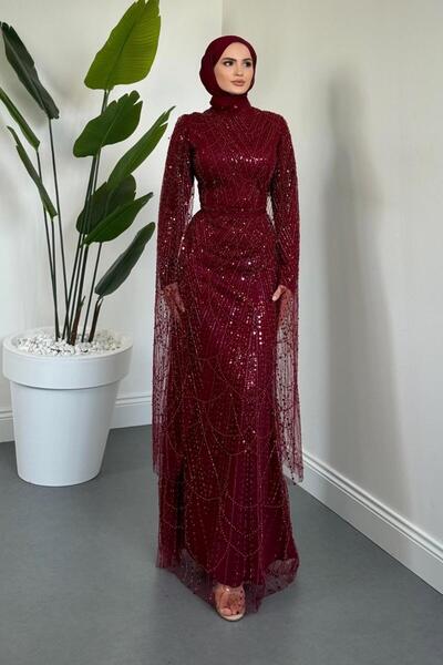 MERVEN AKYÜZ Eloria Pelerinli Boncuk İşlemeli Abiye Bordo