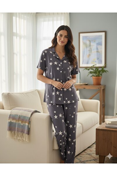 FAMES PİJAMA Women's Star Button Detail Paddy Set
