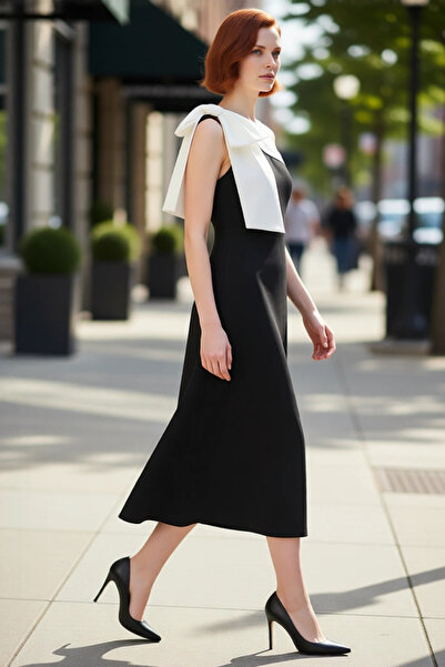 PayBuy Rochie de seară midi cu guler asimetric și fundă pentru femei, elegantă, ideală pentru invitații de noapte