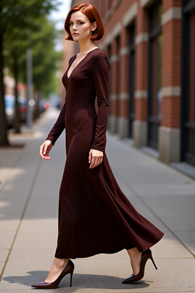 PayBuy فستان نسائي طويل ضيق بياقة على شكل V وأكمام طويلة ونمط مستقيم وتفاصيل مشقوقة أنيق وعصري محبوك