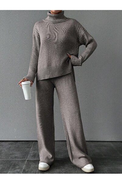 NLT Women's Corded Fabric Collar Hair Knit Patterned Side Slit Knitwear Set Anthracite