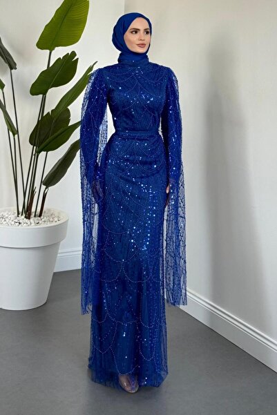 MERVEN AKYÜZ Eloria Pelerinli Boncuk İşlemeli Abiye Sax