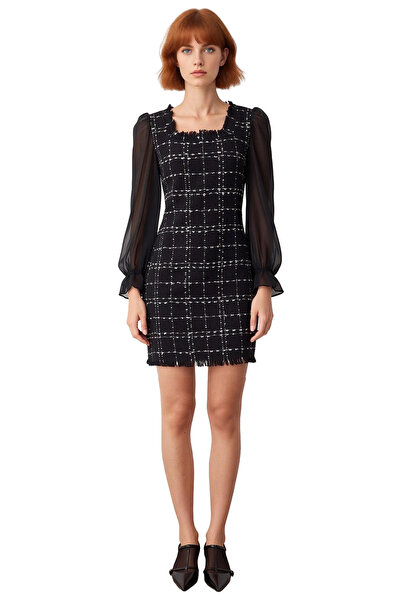 PayBuy Kadın Ekose Kare Yaka A Kesim Mini Dokuma Elbise Tüvit Kumaş Gündüz Gece Şıklığıyla Kışlık Stil