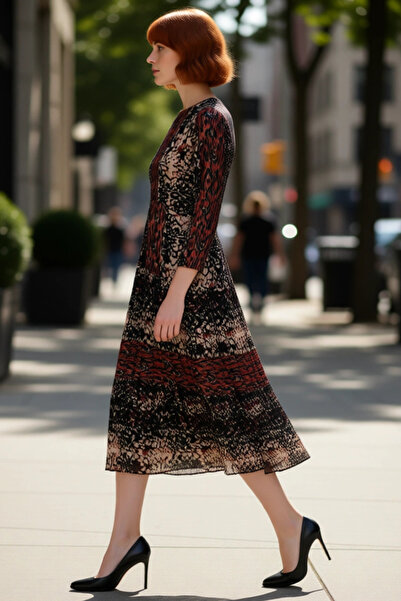 PayBuy Γυναικείο φόρεμα μακρυμάνικο με μοτίβο ζώων με φόδρα από σιφόν με γιακ...