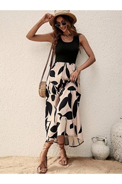 mrpurple Γυναικείο φόρεμα με λουράκι με στρογγυλή λαιμόκοψη με μοτίβο μακρύ μονόχρωμο φόρεμα