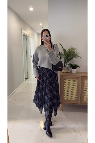 BİRCANÇİL Fusta Jana neagră în carouri asimetrică croială