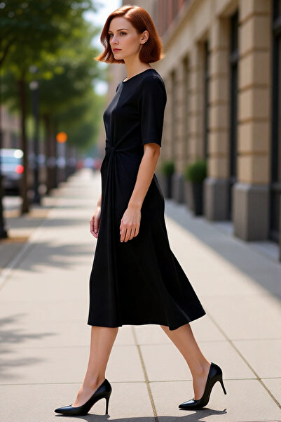 PayBuy A Line Cut B Ruched Detail Black Knitted Midi Dress for Women 100% Cotton Comfort Quality