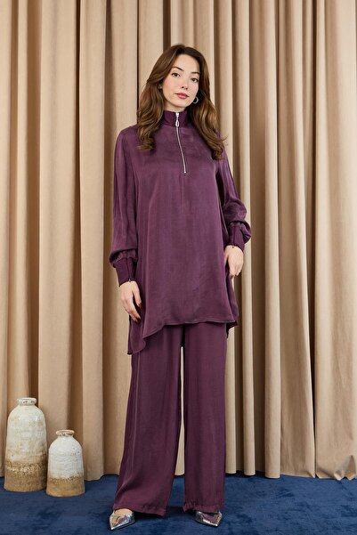 Puane Women's Zipper Detailed Suit - 14403Tkm - Damson