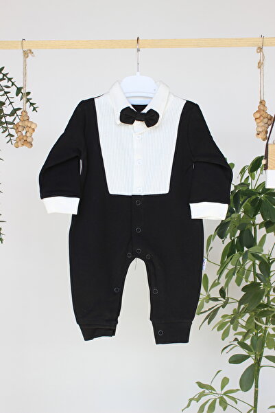 genybaby Baby Boy Black Tuxedo Romper - Special Occasion Outfit with Bow Tie (0-12 Months)