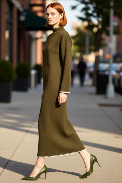 PayBuy فستان نسائي ذو نمط عادي ياقة مرتفعة متوسطة الطول بأكمام طويلة وقصة ماكسي وقصة شيفت من الأكريليك، فستان تريكو أنيق للاستخدام اليومي