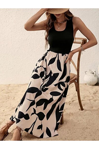 mrpurple Γυναικείο φόρεμα με λουράκι με στρογγυλή λαιμόκοψη με μοτίβο μακρύ μονόχρωμο φόρεμα