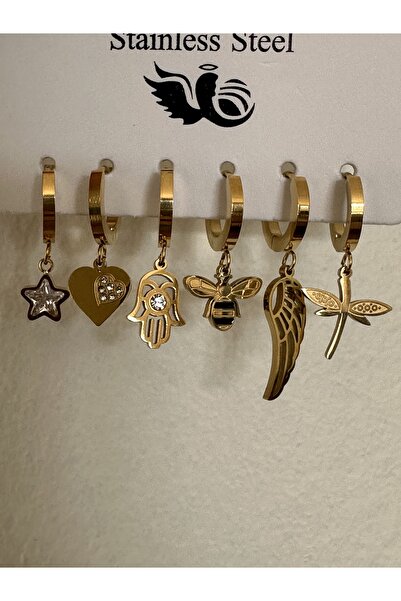stainles steel Çelik Gold Renk Çoklu Figür Model Kadın Küpe Seti