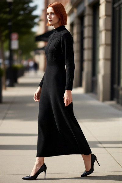 PayBuy فستان نسائي محتشم مزين بالدانتيل بأكمام بالون ياقة مرتفعة متوسطة الطول...