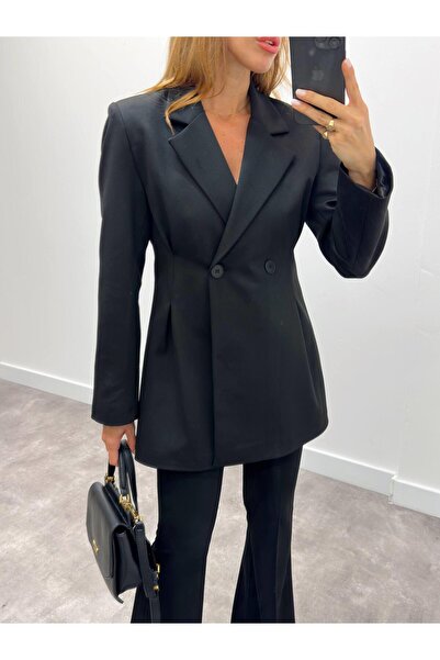 Maldia Shop Women's Double Button Pleated Fit Black Jacket