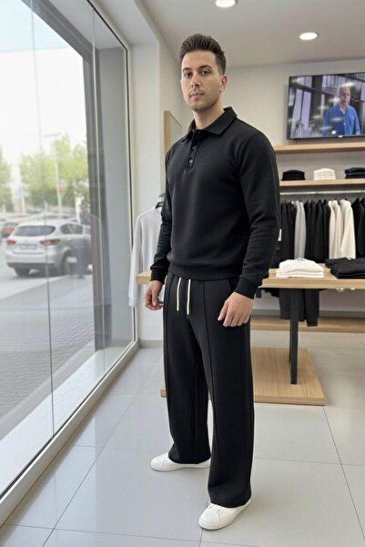 CAST COLLECTİON Men's Black Cotton Baggy Bottom Buttoned Sweat Suit