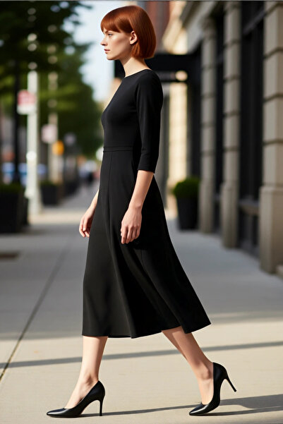 PayBuy Kadın Skater Kalıp Kayık Yaka Midi Elbise Şık Ve Rahat Tarzıyla Günlük...