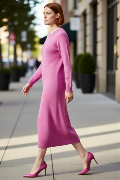 PayBuy Rochie de tricotat dreaptă, lungă, cu decolteu în V, cu mâneci joase, ...