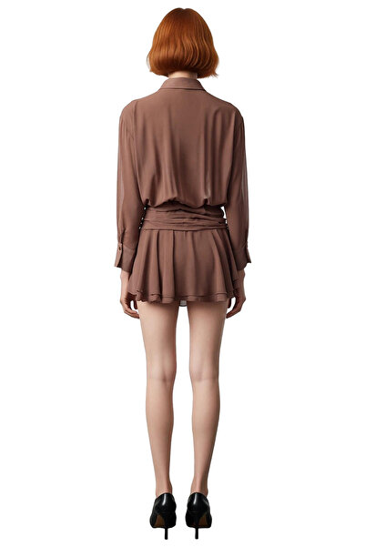 PayBuy Kadın Gömlek Yaka Uzun Kollu Skater Şifon Elbise Şık İlkbahar Sonbahar Davet Stili İçin İdeal