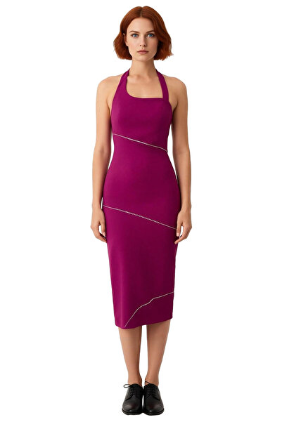 PayBuy Women's Bodycon Midi Dress with Thick Straps Square Neckline Stone Detail Stylish Evening Cocktail