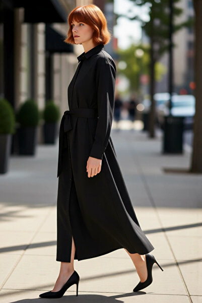 PayBuy Γυναικείο φόρεμα πουκάμισο με λιλά υφαντό λουράκι, άνετο κανονικό μανί...