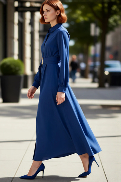 PayBuy فستان نسائي طويل بأكمام طويلة وياقة قميص مع حزام، تصميم أنيق مناسب للم...