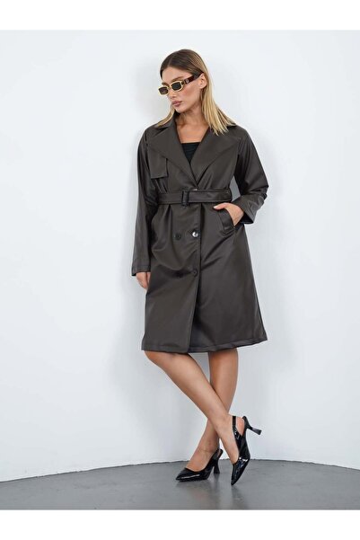 ModaLavida Düğmeli Kuşaklı Astarlı Midi Boy Deri Trençkot